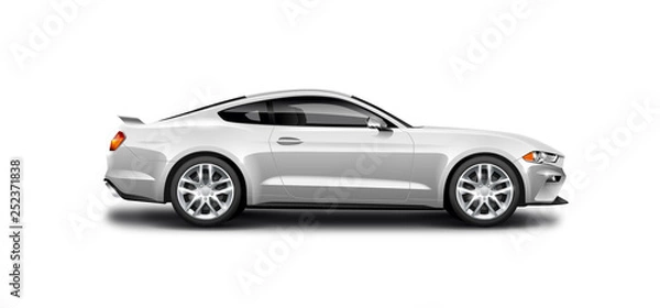 Fototapeta White Metallic Coupe Sporty Car. Generic Automobile With Carbon Fiber Surface On White Background. Side View With Isolated Path.