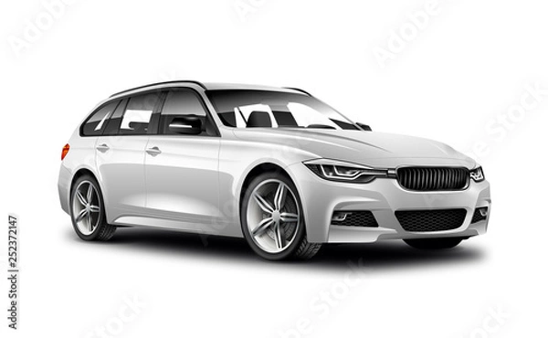 Fototapeta White Metallic Generic Universal Car On White Background. Perspective View. With Isolate Path.