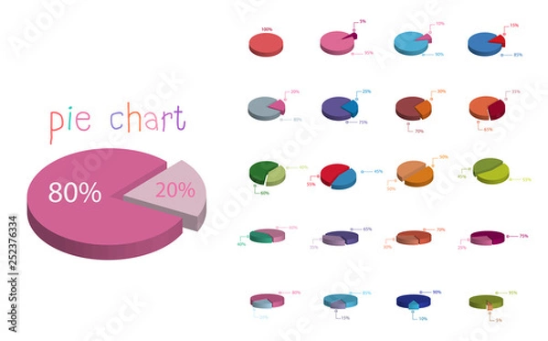 Fototapeta Set of business cycle flow diagrams, pie chart for documents,reports,presentations,infographic,0 5 10 15 20 25 30 35 40 45 50 55 60 65 70 75 80 85 90 95 100 percent clock style. Vector illustration.