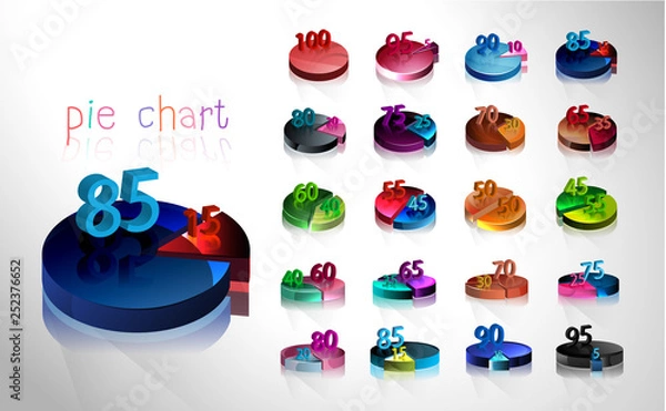 Fototapeta Set of business cycle flow diagrams, pie chart for documents,reports,presentations,infographic,0 5 10 15 20 25 30 35 40 45 50 55 60 65 70 75 80 85 90 95 100 percent clock style. Vector illustration.