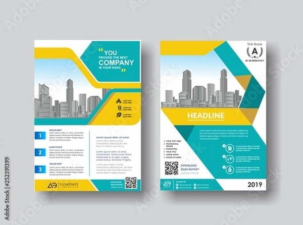 Fototapeta Vector Business brochure, flyers design template, company profile, magazine, poster, annual report, book & booklet cover, with green wavy line, and cityscape vector in background elements, size a4.