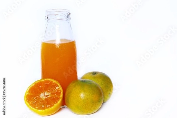 Fototapeta The set of bottles of orange juice,milk and drink water isolated on white background , Healthy concept
