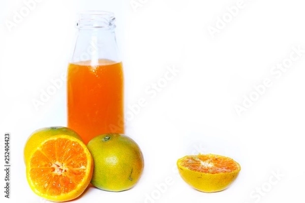 Fototapeta The set of bottles of orange juice,milk and drink water isolated on white background , Healthy concept
