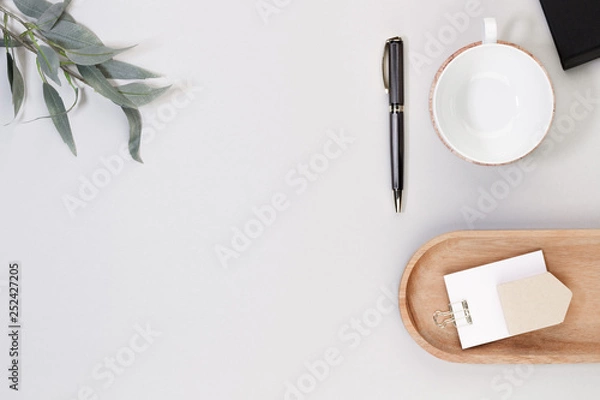 Fototapeta coffee cab pen notepad bowl office paperclip plant    top view with copy space for your text. flat lay. 