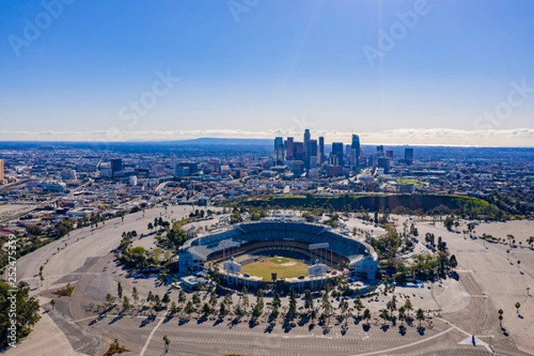 Fototapeta Aerial view of the Los Angeles downtown area with Dodger Stadium
