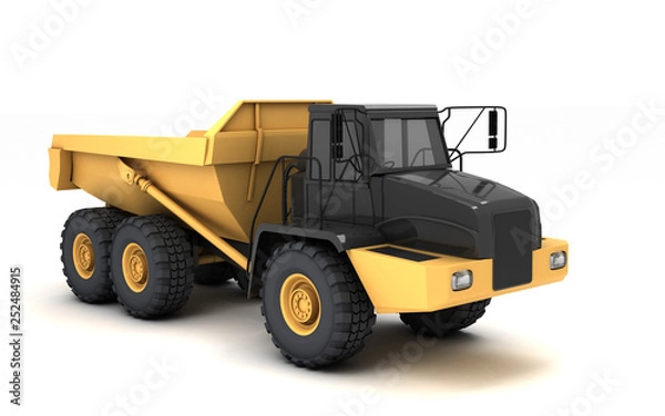 Fototapeta Powerful articulated dumper truck isolated on white background. Front side view. Perspective. Eye level.