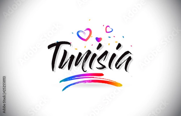 Fototapeta Tunisia Welcome To Word Text with Love Hearts and Creative Handwritten Font Design Vector.