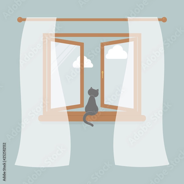 Fototapeta Wooden window with tulle as design element for interior of room on blue background. Outside the sky and white clouds. Cat sit on windowsill and looking in the open window.Vector illustration