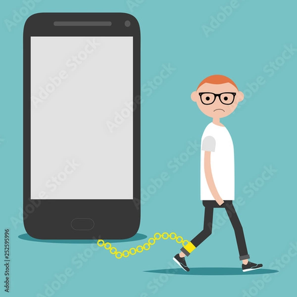 Fototapeta Social problem smartphone addiction.Nomophobia.Young character on the chain on the phone.Flat cartoon illustration with space for your text.clip art