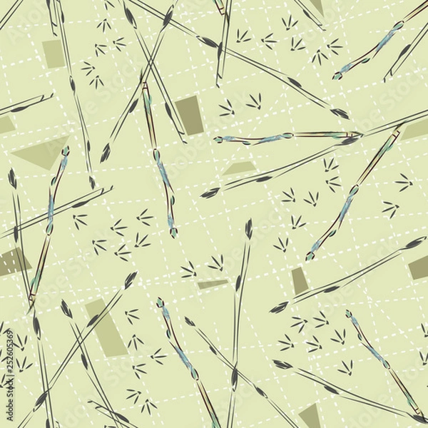 Fototapeta Tree branches seampless pattern. Trend spring natural geometric print for fabric. Tree branches on a beige background, dotted lines and traces of birds.