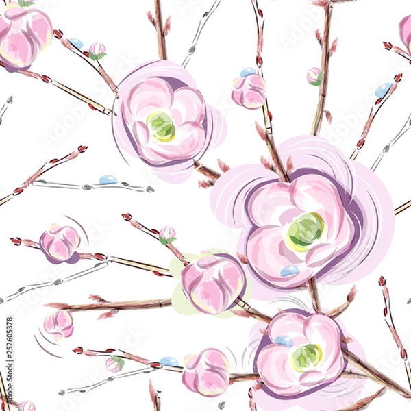 Fototapeta Apple blossom seamless pattern. Apple tree branches watercolor. Spring flowers of pink color for print and fabrics. Great pattern for bed linen. Great pattern for bed linen.