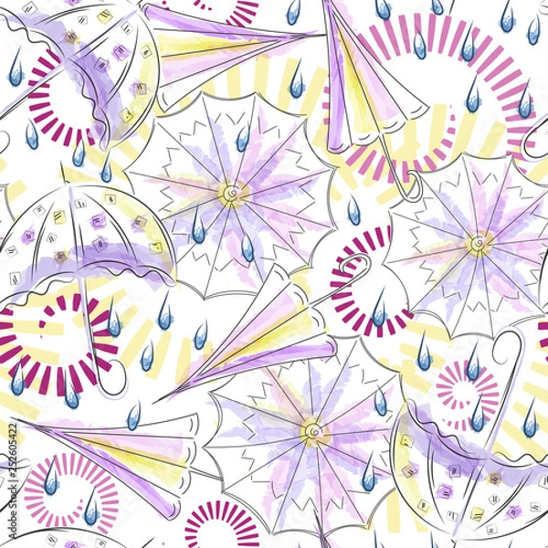 Fototapeta Umbrella and rain drops seamless pattern. Summer trendy  background for prints and fabrics. Watercolor. Childish textile.