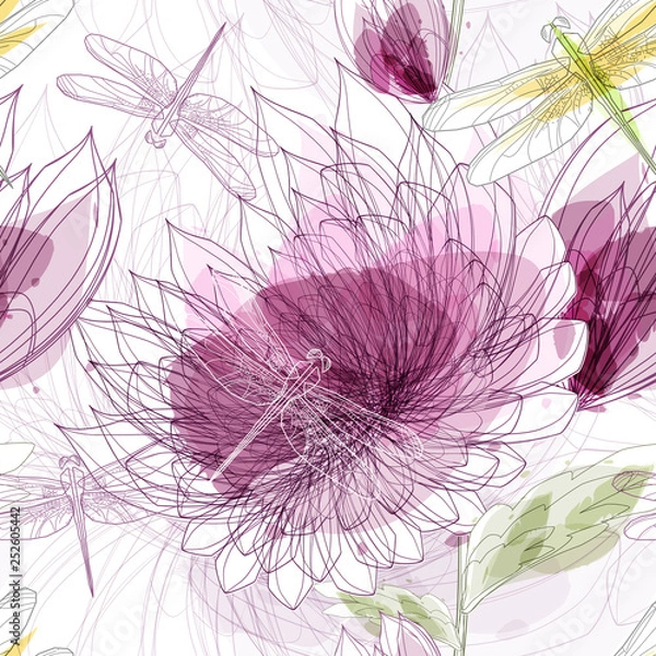 Fototapeta Сhrysanthemums and dragonflies seampless pattern. Large flower buds of pink shades. Summer trendy natural background for prints and fabrics. Watercolor.