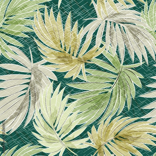 Fototapeta Palm leaves on green background seamless pattern. Tropical plants hand drawn. Watercolor. Summer trendy natural background for prints and fabrics. Great pattern for bed linen.