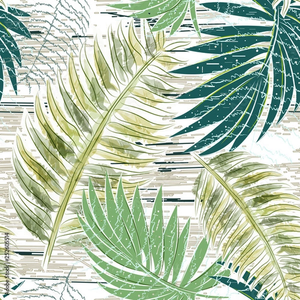 Fototapeta Palm leaves on white background seamless pattern. Tropical plants hand drawn. Watercolor. Summer trendy natural background for prints and fabrics. Great pattern for bed linen.