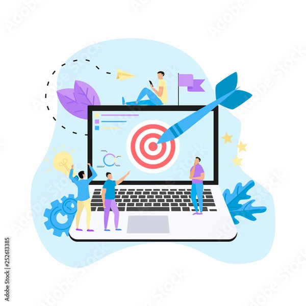 Fototapeta Target with an arrow on laptop, hit the target, goal achievement. Business concept vector illustration