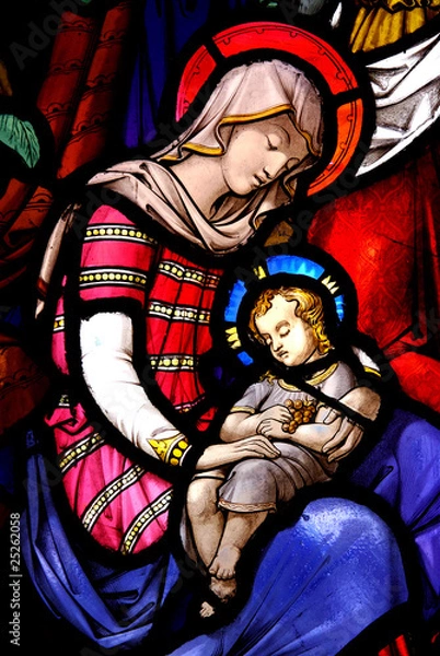 Obraz Stained Glass Window with Mary and Jesus