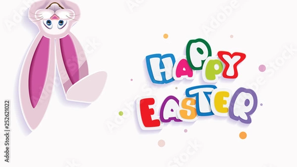 Fototapeta Happy Easter greeting card with text and topsy-turvy Easter Bunny isolated on a light background