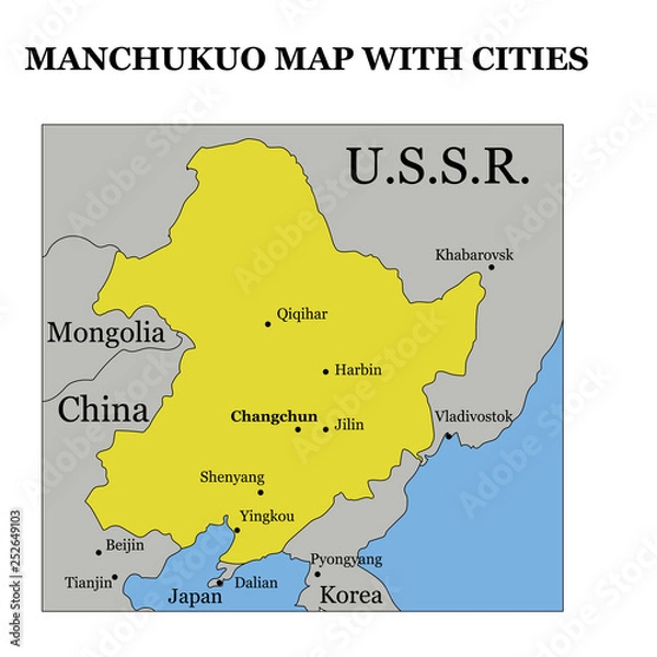 Fototapeta historical map of Manchukuo on the territory of modern China State of Manchuria during world war II with neighbouring countries and major cities vector illustration