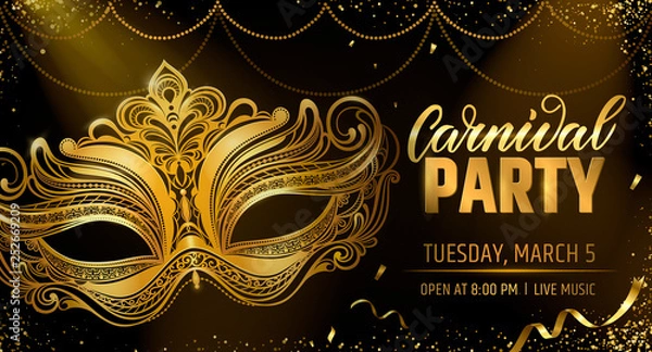 Fototapeta Gold venetian mask. Carnival Party invitation card template. Spring holidays. Vector illustration EPS10.