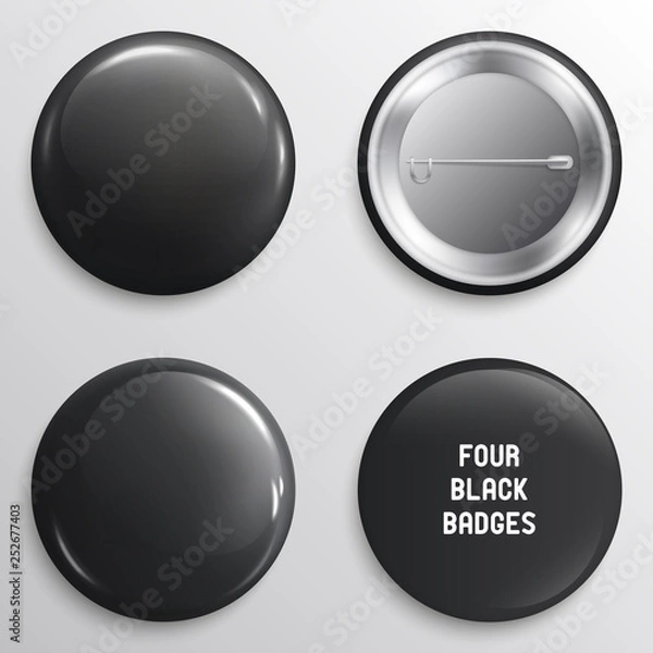 Fototapeta Vector blank black glossy badges or web buttons. Four different plastic pins, emblems, volunteer labels. Front and Back Side. 3d render. Vector.
