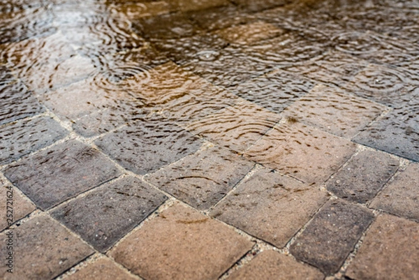 Fototapeta Layer of water over patio pavers with light raindrops on the surface