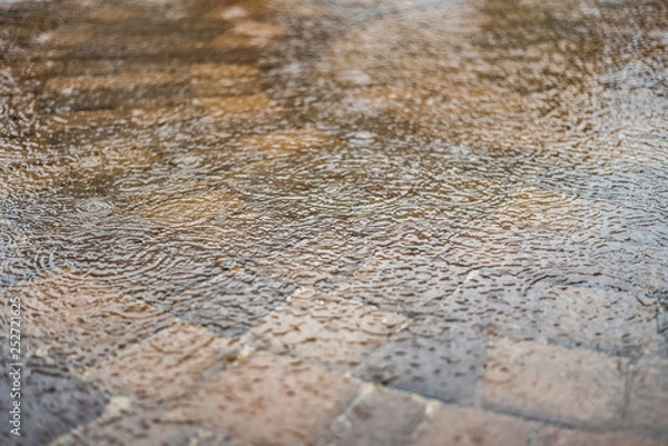 Fototapeta heavy rain on water that is flooding patio pavers