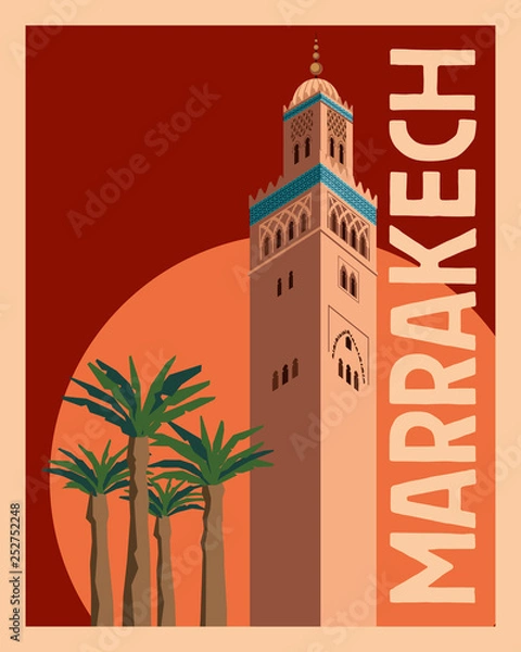 Obraz Tourist Postcard Marrakech. Old tower and palm trees against the sunset sky and sun. Vector graphics