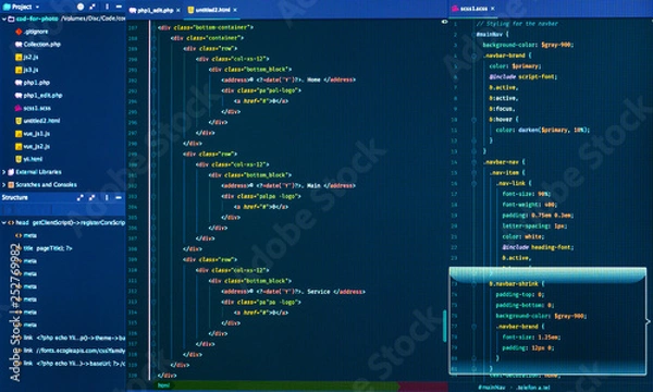 Obraz Splitting of html and css code. Software development. Programming code. Software source code