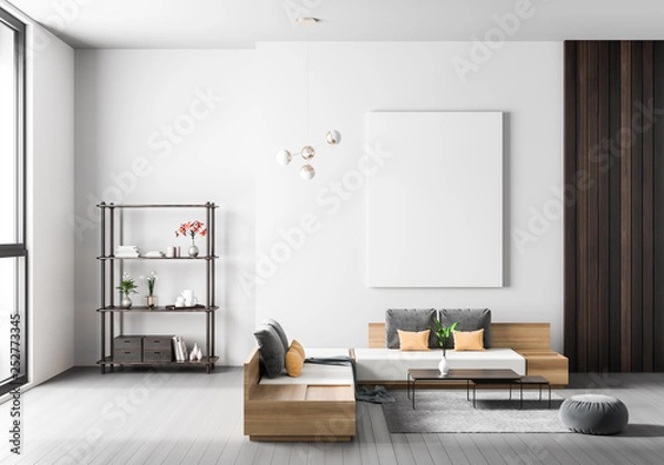 Fototapeta Mock up poster frame in Scandinavian style hipster interior. Minimalist modern interior design. 3D illustration.
