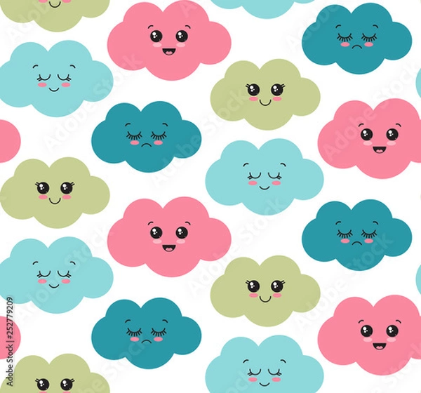 Fototapeta Vector seamless pattern with cute smiling colorful clouds.