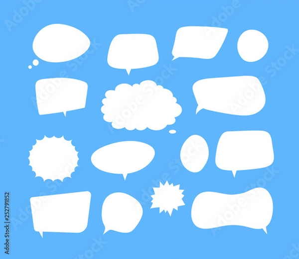Fototapeta White speech bubbles. Thinking balloon talks bubbling chat comment cloud comic retro shouting voice shapes vector isolated set. Illustration of cloud and bubble for talk dialog and shout