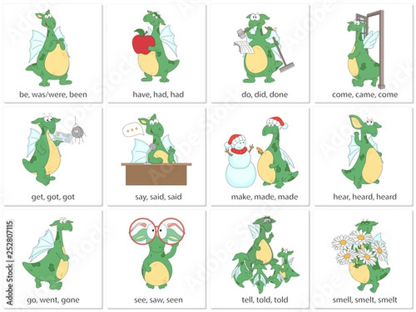 Fototapeta Irregular english verbs with funny dragon
