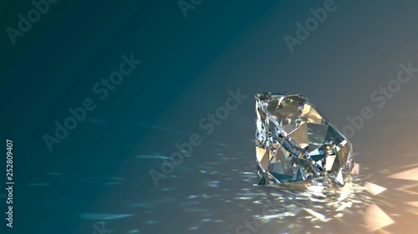 Fototapeta Okrągły oszlifowany diament na tle gradientowym, błyszczy, cień, promienie żrące. Renderowanie 3D