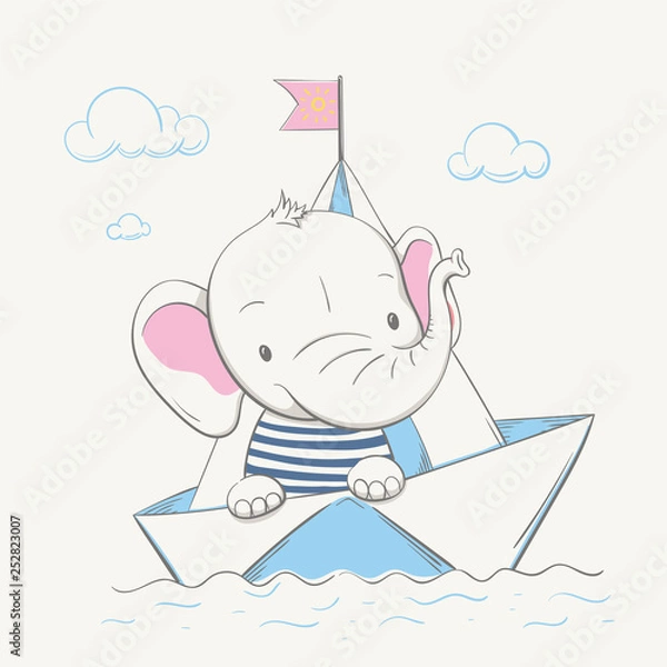 Obraz Lovely cute baby elephant swims in the paper boat. Summer series of children's card