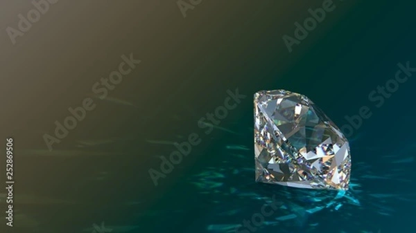 Fototapeta Round cut diamond on gradient background, sparkles, shadow, caustics rays. 3D rendering