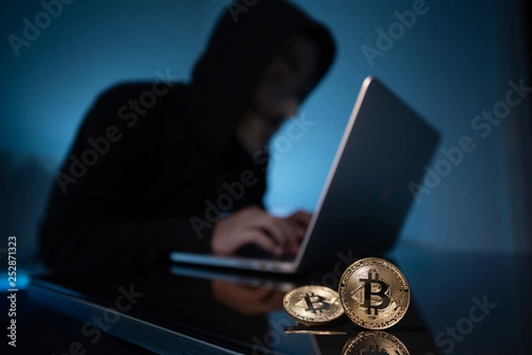 Obraz Haker próbuje włamać się do systemu blockchain Bitcoin za pomocą laptopa w ciemnym pokoju