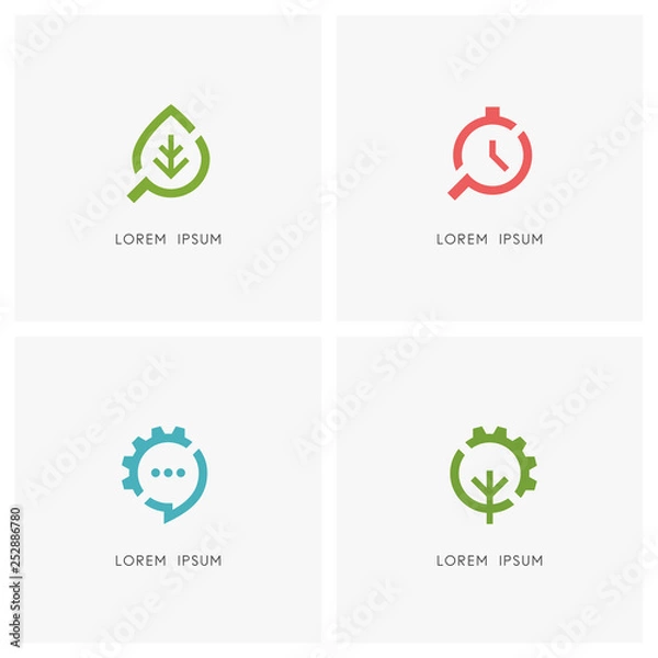 Fototapeta Search and gear wheel logo set. Green leaf, clock and loupe or magnifier, chat or message, tree and pinion symbol - industry, nature and ecology, time management and business communication icons.