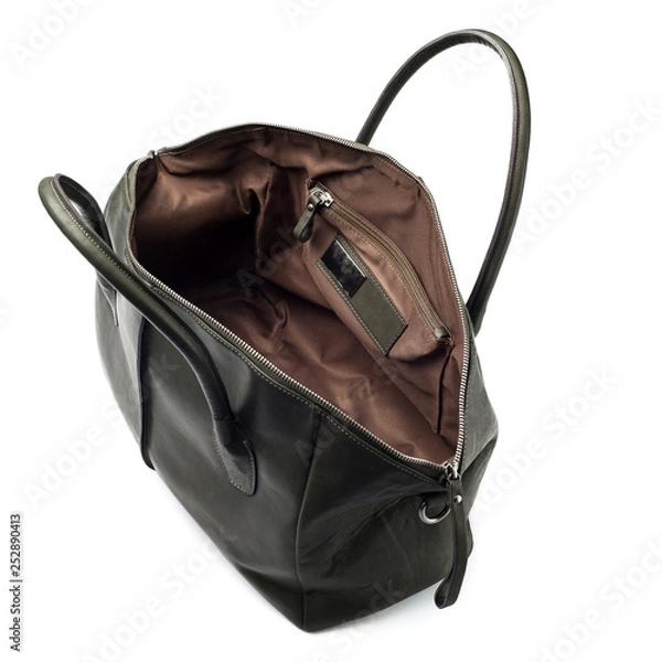 Fototapeta An open  black leathe  bag isolated