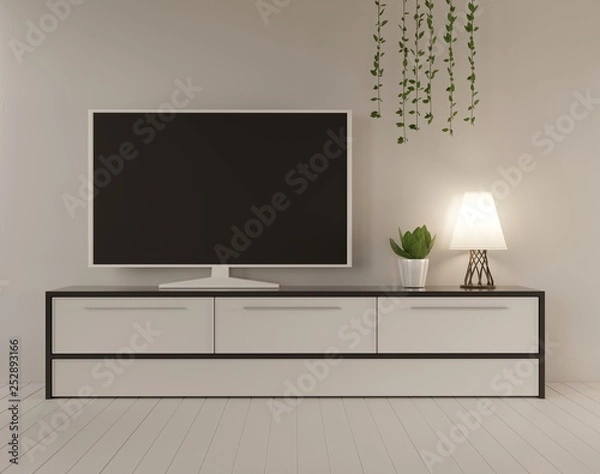 Fototapeta Home interior mock up with a TV on a console and lamp. 3D rendering.