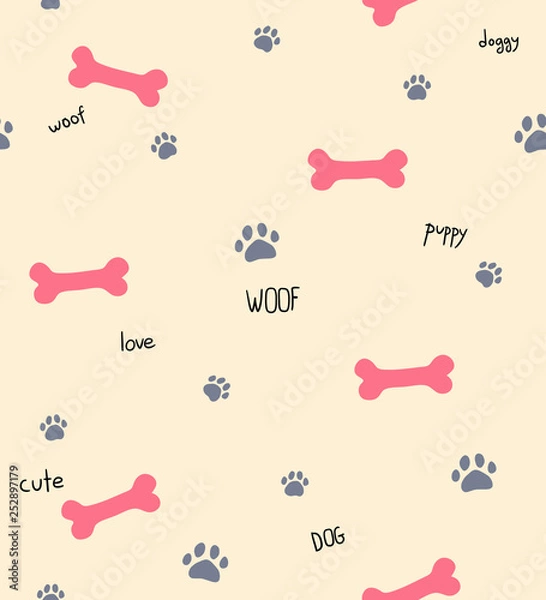 Fototapeta Seamless pattern with dog words, bones and footprints