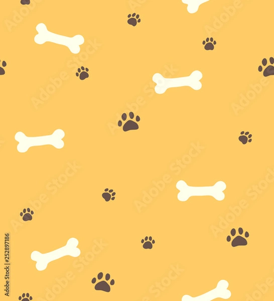 Fototapeta Seamless yellow pattern with bones for dog and paws