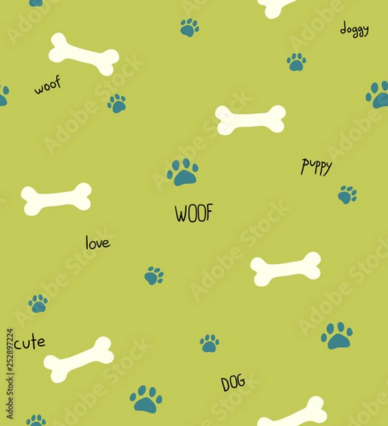 Fototapeta Seamless green pattern with dog theme words, bones and paws, for wrapping gift paper, textile, fabric print and card design