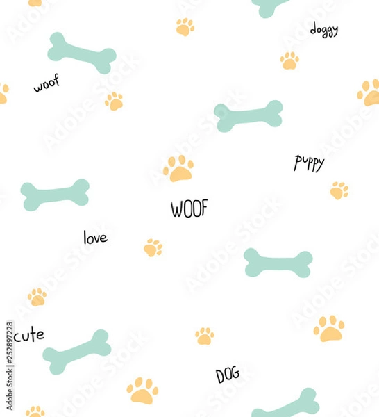 Fototapeta Seamless pattern with dog themed words, bones and paws on white background