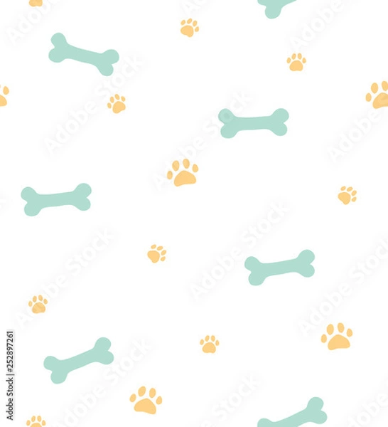 Fototapeta Seamless dog theme pattern with bones and paws on white background