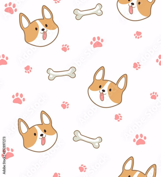 Fototapeta Seamless pattern with cute corgi dog heads, bones and footprints