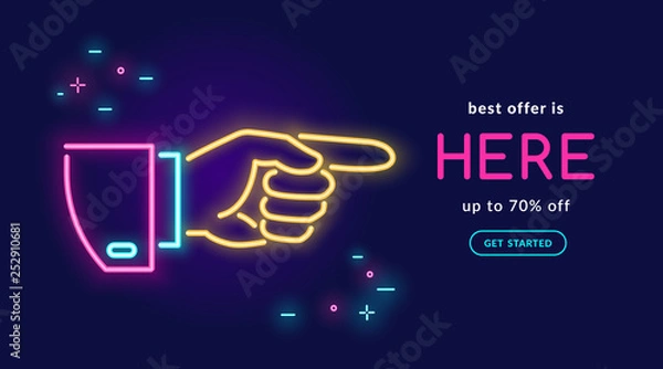 Fototapeta Human hand pointing finger in neon light style with text best offer is here on dark purple background