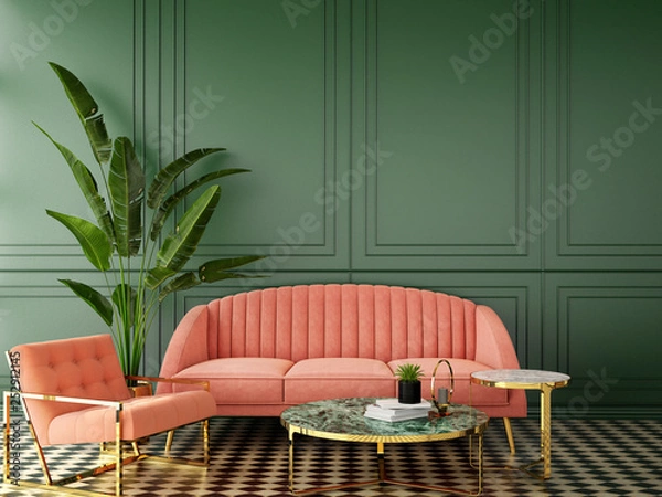 Fototapeta interior design for living area or reception with classic wall background ,living coral pantone / 3d illustration,3d rendering