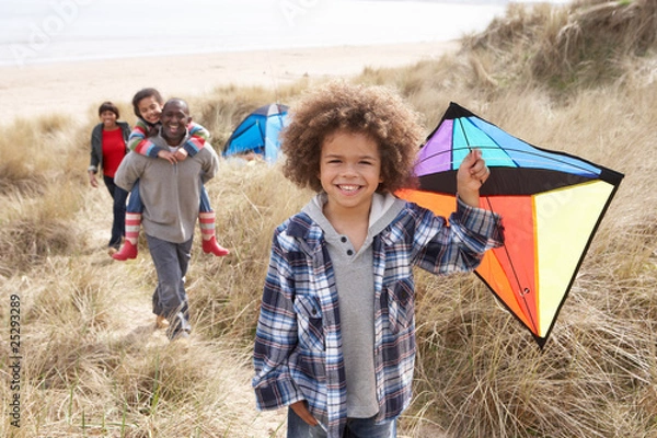 Obraz Family Having Fun With Kite In Sand Dunes