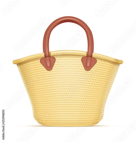 Fototapeta Straw shopping bag. Eco wicker basket for products. Chaff handbag. Isolated white background. Eps10 vector illustration.